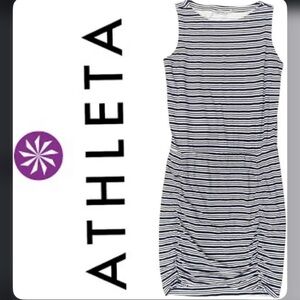 Athleta tulip ruched boat neck striped sleeveless midi dress Small blue white